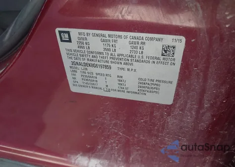 2016 Chevrolet Equinox Ltz из США, поврежденный, VIN 2GNALDEK8G6197859